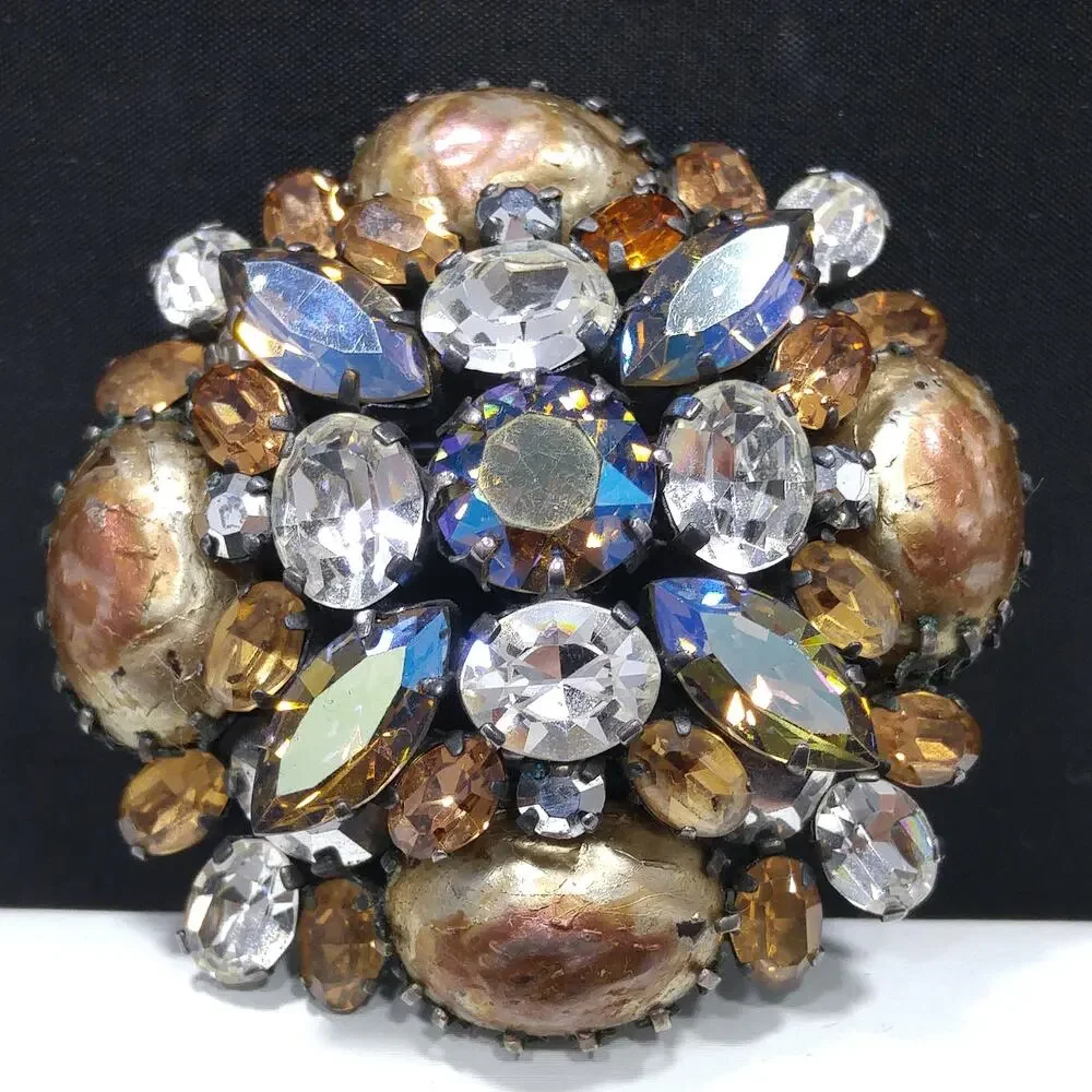 Austrian Brooch, Topaz Clear Rhinestones, Faux Baroque Pearls, 1950s Vintage